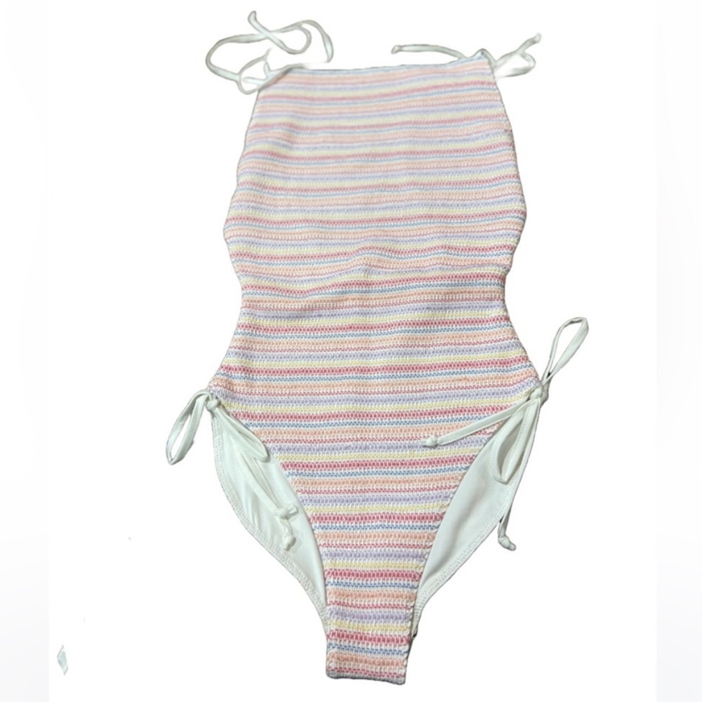 LOVESHACKFANCY NEW high rise smocked one piece swimsuit -multi -small *sample*